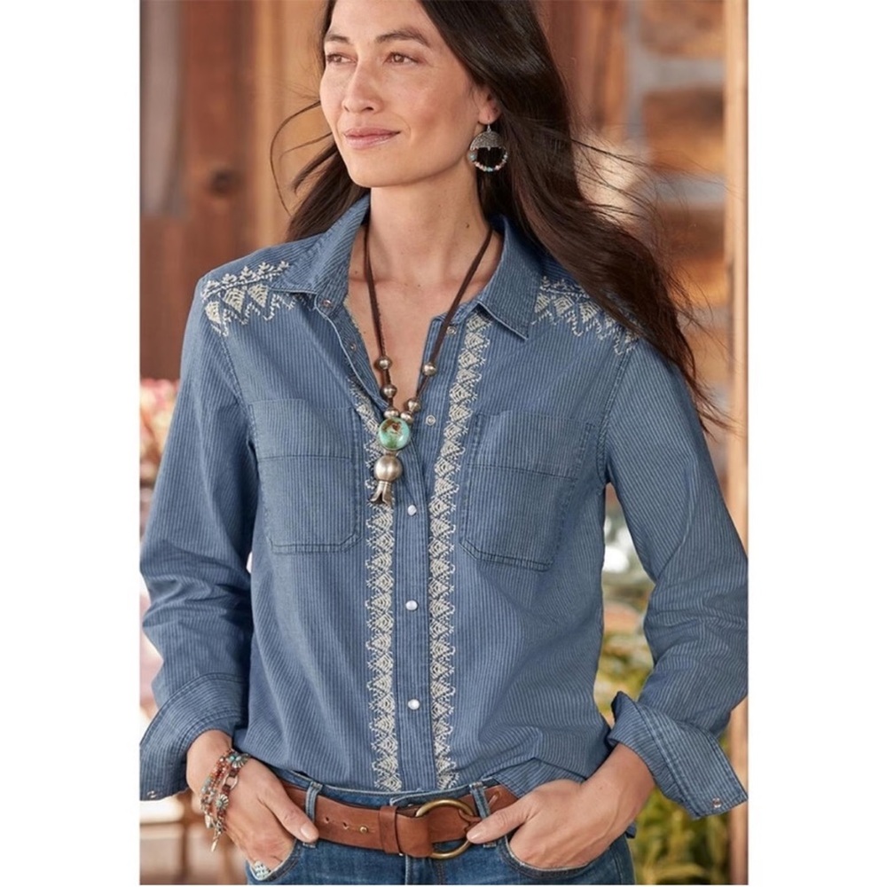 Sundance Catalog Meera Pearl Snap South Western Blue Pinstripe Embroidered Shirt